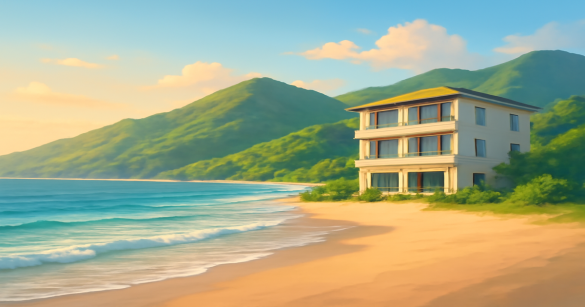 Relaxing beach and mountain view symbolizing financial stability and ideal депозиты for savings.