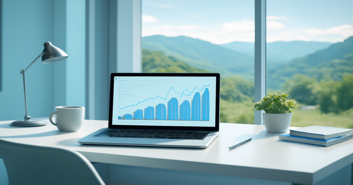 A professional workspace for an инвестиционный консультант with a view of nature and financial graphs.