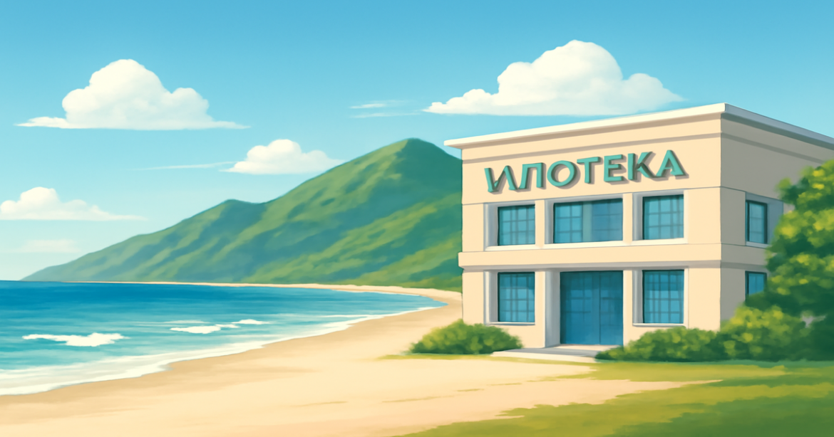A peaceful beach scene with mountains, symbolizing the ideal setting for making ипотека decisions.