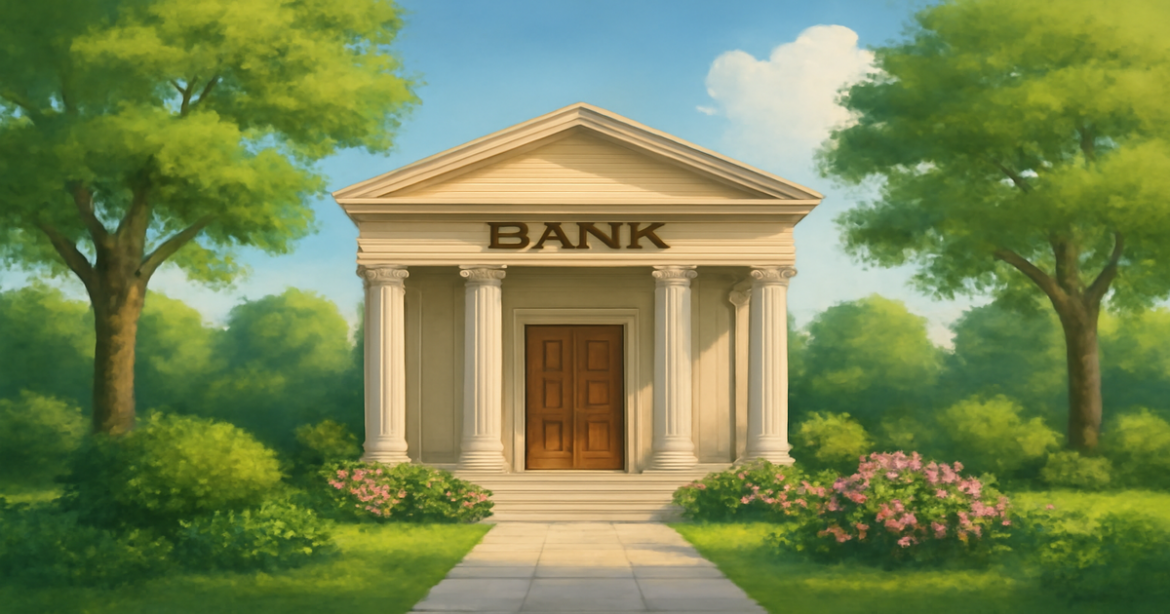 A tranquil bank setting representing deposits and savings options for 2026.