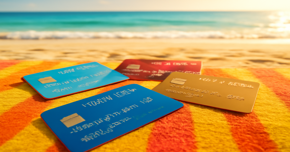 An assortment of кредитные карты on a beach towel, symbolizing financial freedom and travel in 2023.