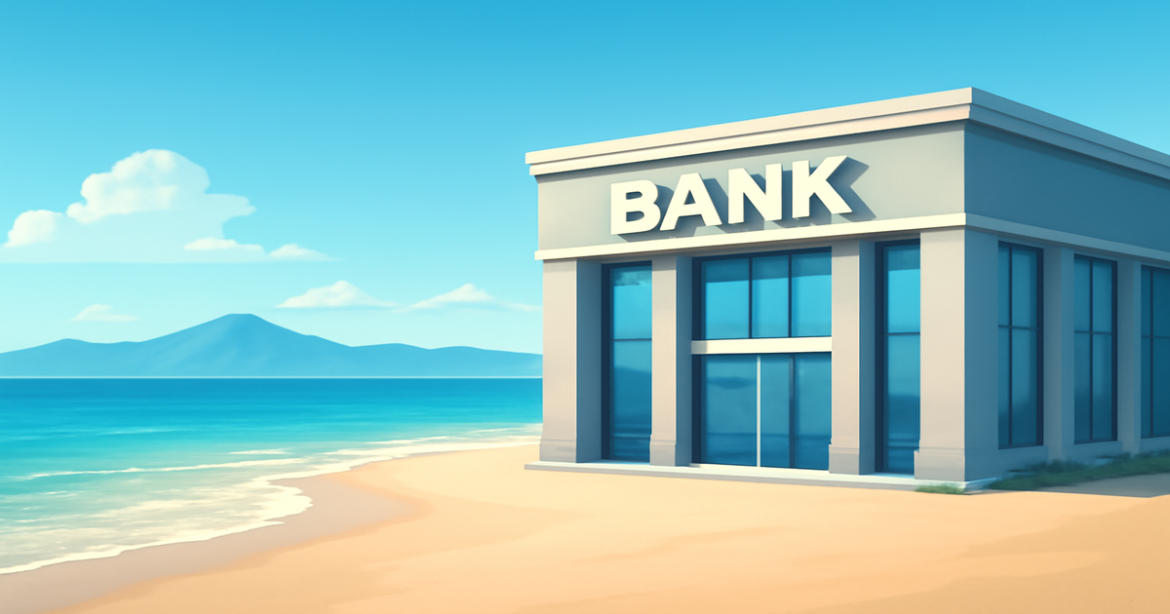 A serene beach scene with a bank, symbolizing выбор банковского вклада in a relaxing atmosphere.