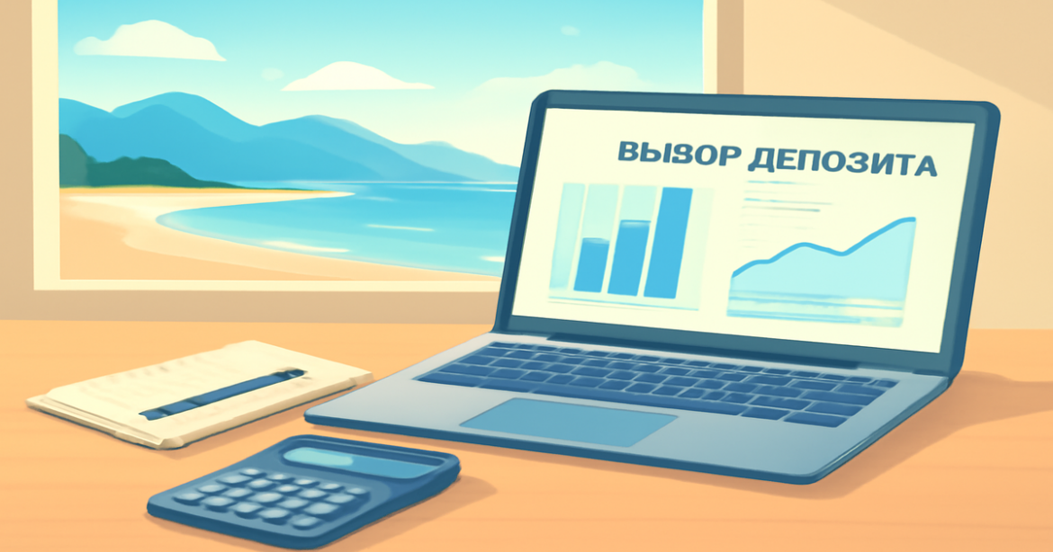 A professional scene illustrating выбор депозита with a serene view of nature and financial tools.