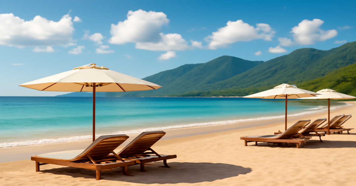 A tranquil beach scene representing the concept of кредит на личные нужды for personal travel and relaxation.