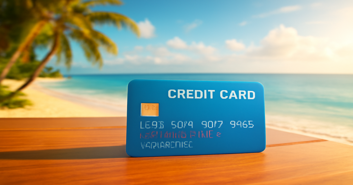 A stylish кредитная карта on a beach table, symbolizing smart financial choices for travel.