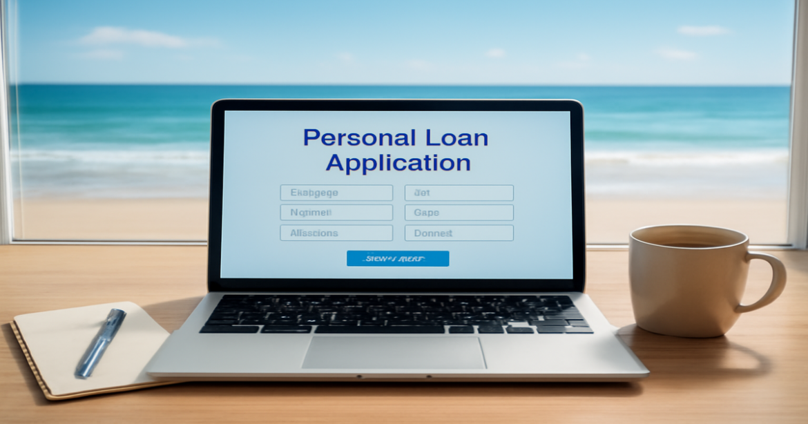 A professional workspace scene illustrating personal loans, featuring a laptop and a beach view.