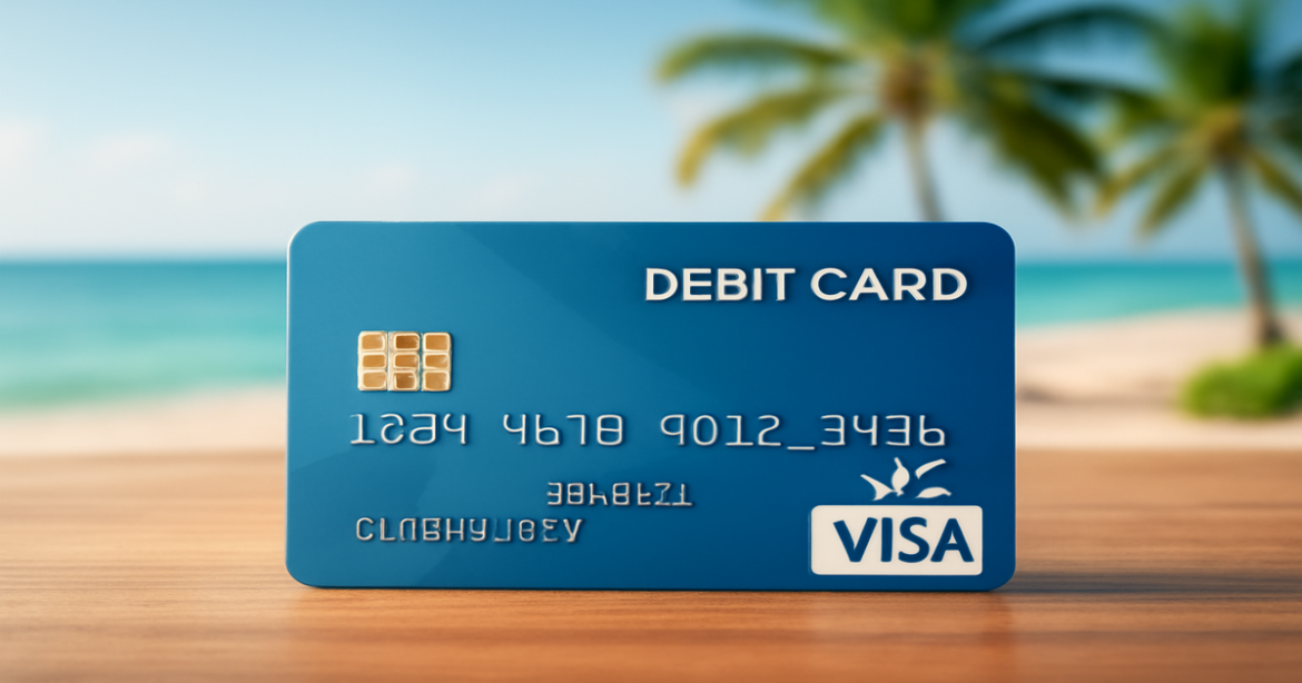 A debit card on a table, symbolizing financial management and travel convenience.