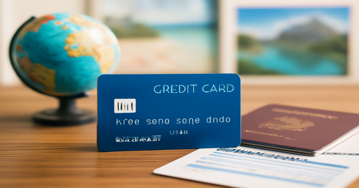 A modern credit card on a table with travel items, illustrating the advantages of кредитные карты.