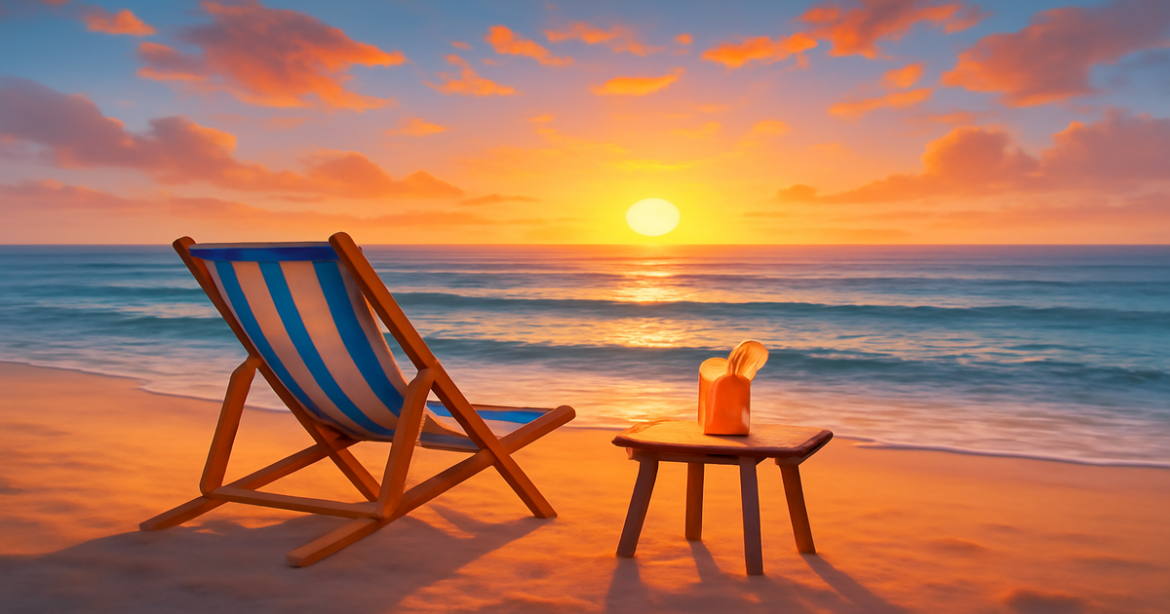 A peaceful beach sunset scene, promoting the concept of экономия and relaxation in travel.