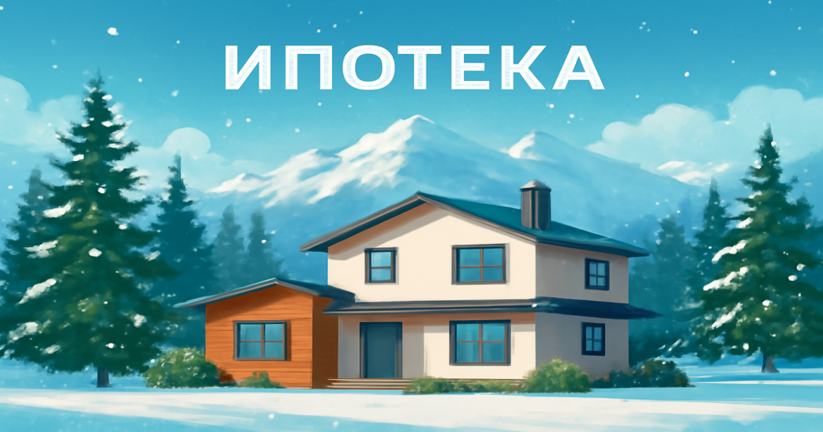 A peaceful snowy landscape with a modern home, illustrating the concept of ипотека.