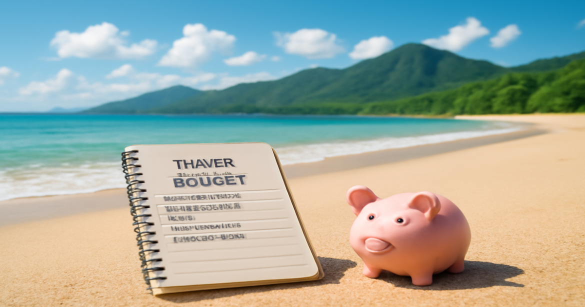 A relaxing beach scene with a budget notebook and piggy bank, illustrating накопления и сбережения.