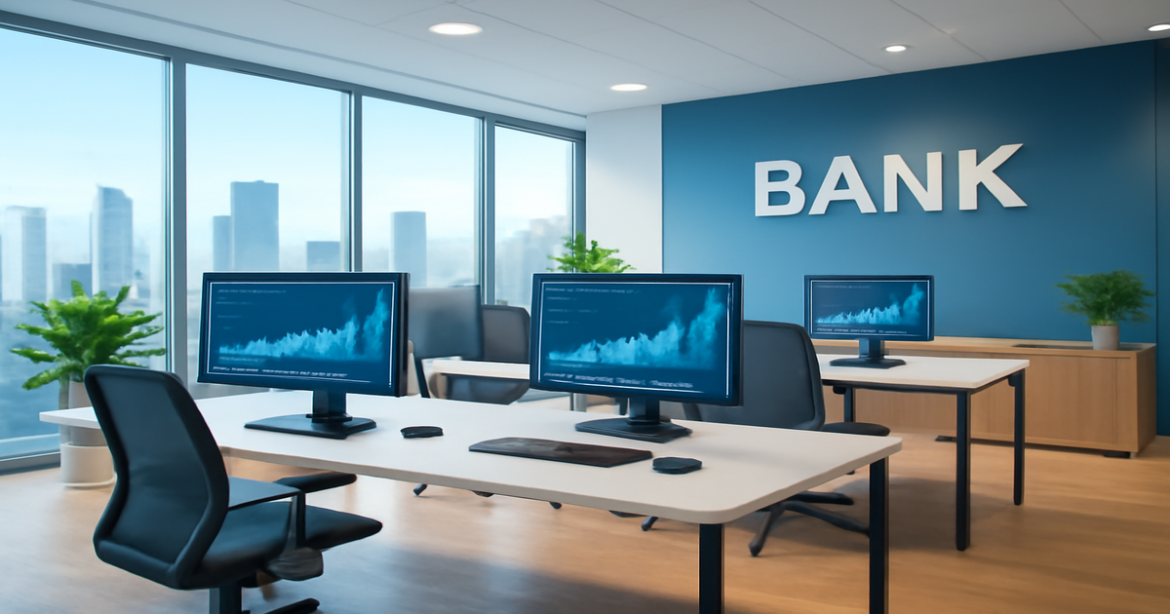 Modern banking office illustrating банковские услуги for effective financial management in 2026.
