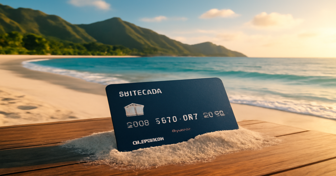 A beautiful beach scene with a debit card, symbolizing travel and financial convenience.