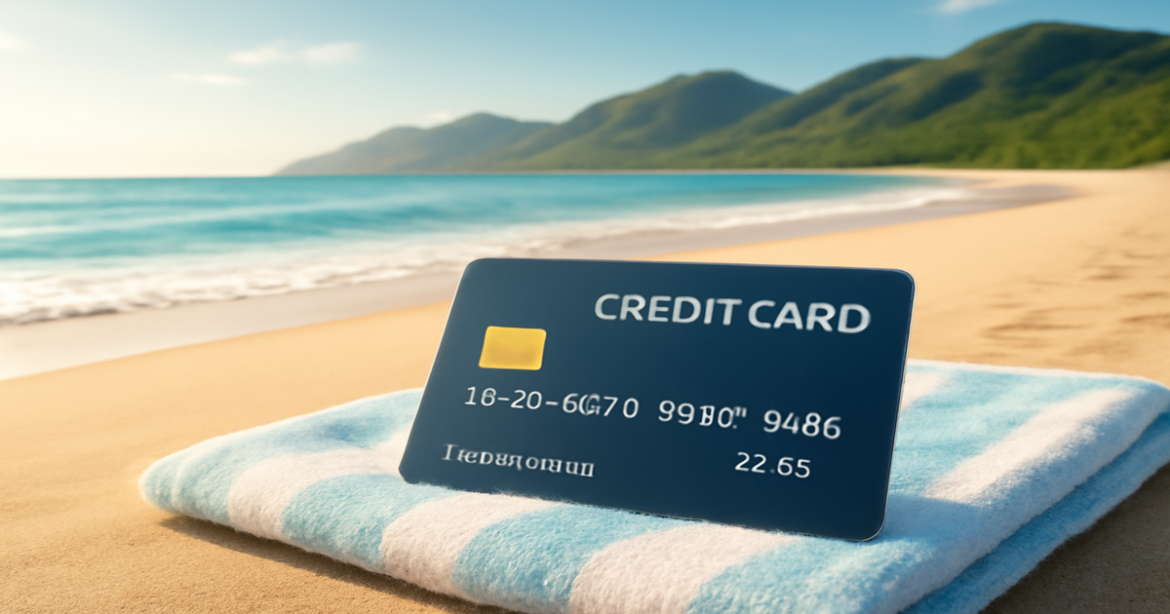 A relaxing beach scene with a credit card, representing the best кредитные карты for travel.