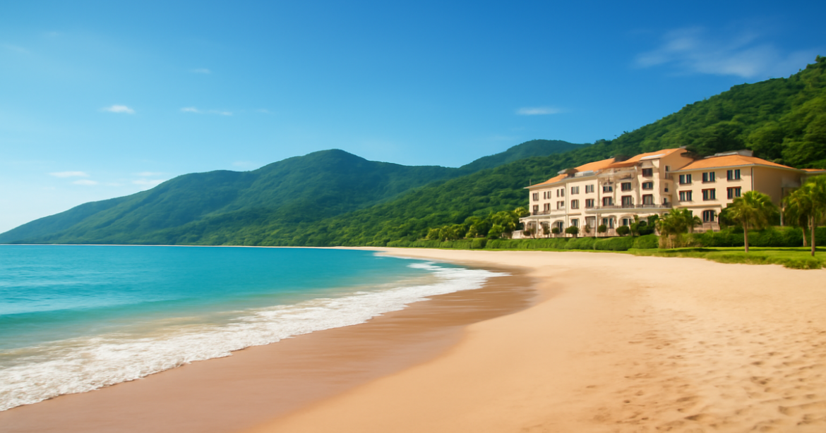 A serene beach and mountain landscape representing the concept of потребительские кредиты.