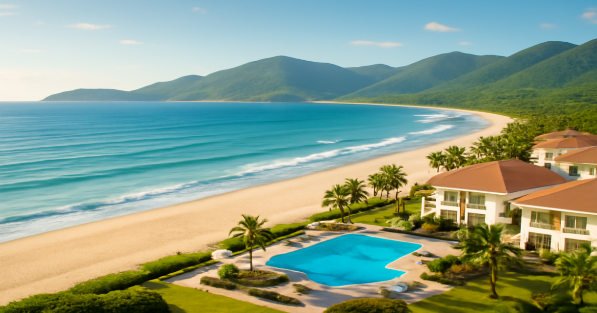 Beautiful beach and mountains representing инвестиционные продукты for relaxing travel investments.