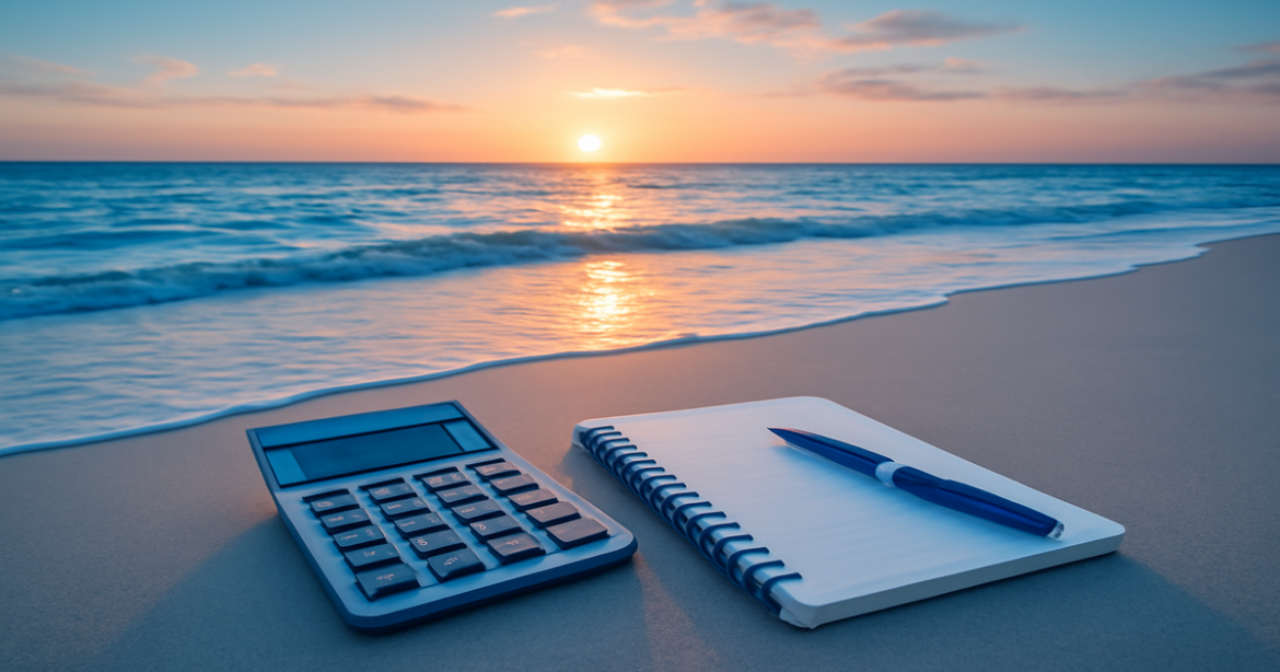 A peaceful beach scene illustrating financial planning, capturing a relaxing mood and key financial tools.