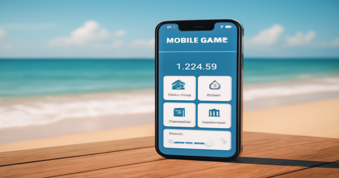 A mobile bank app interface on a beach, highlighting convenience in personal finance management.
