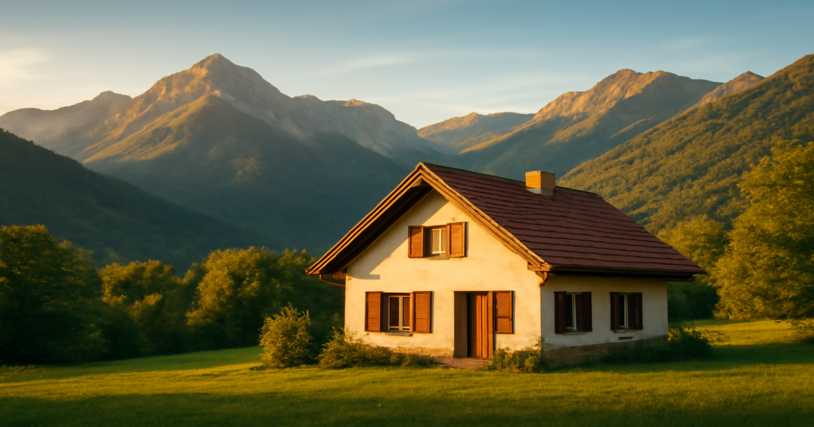 A tranquil mountain scene representing the benefits of ипотечный кредит for home stability.