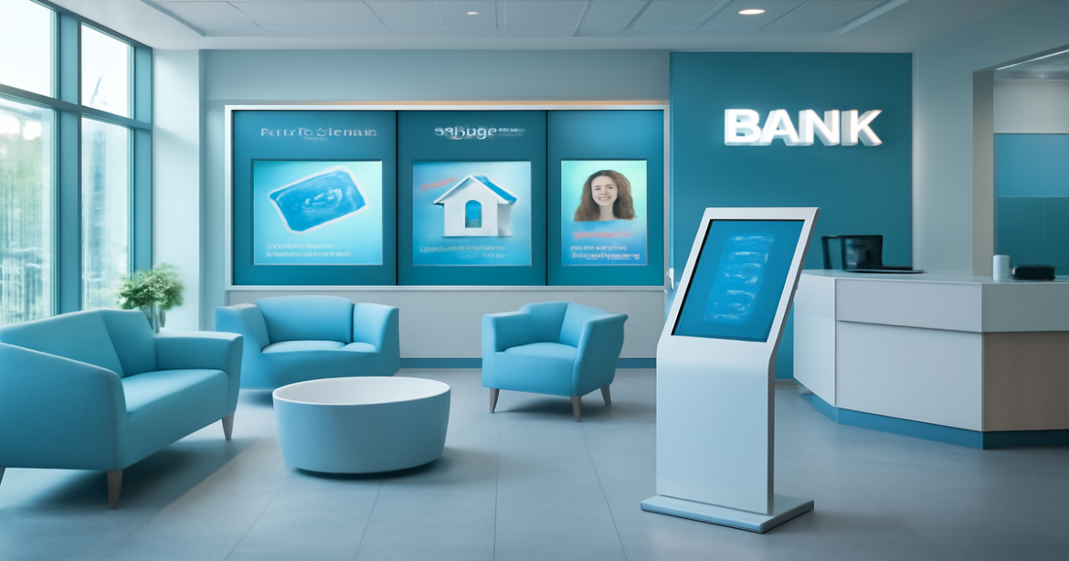 Explore банковские услуги in a modern bank interior, showcasing financial products and a relaxing atmosphere.