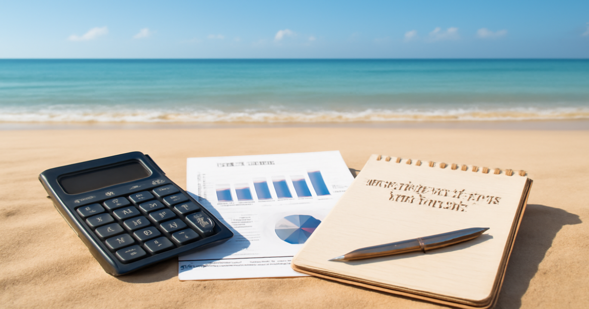A peaceful beach scene with investment items, symbolizing понимание инвестиционных продуктов.