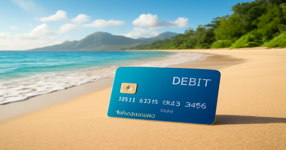 Explore the benefits of дебетовые карты in a tranquil beach setting, highlighting convenience and security.