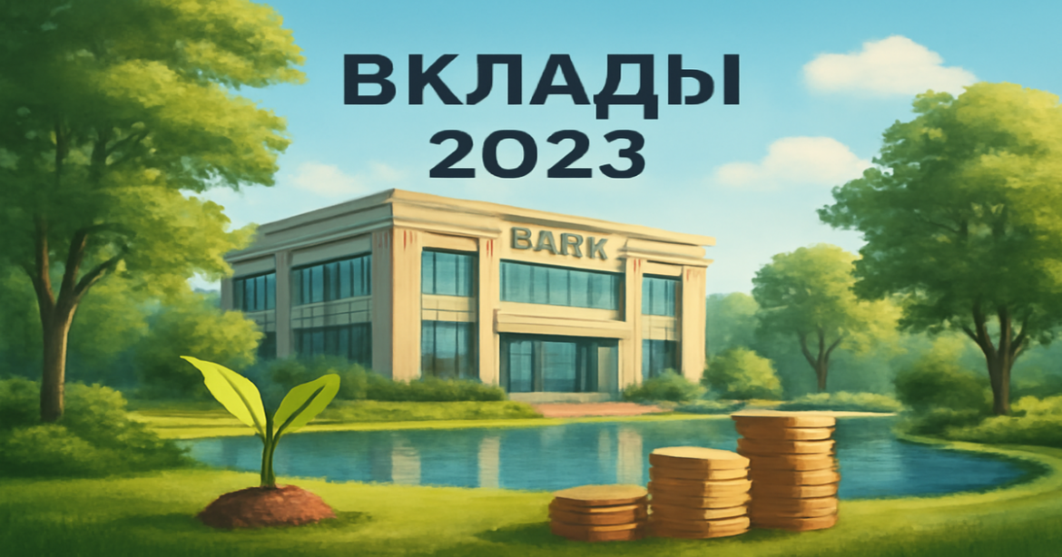 A professional image representing вклады 2023 with a bank building and investment symbols in a serene landscape.