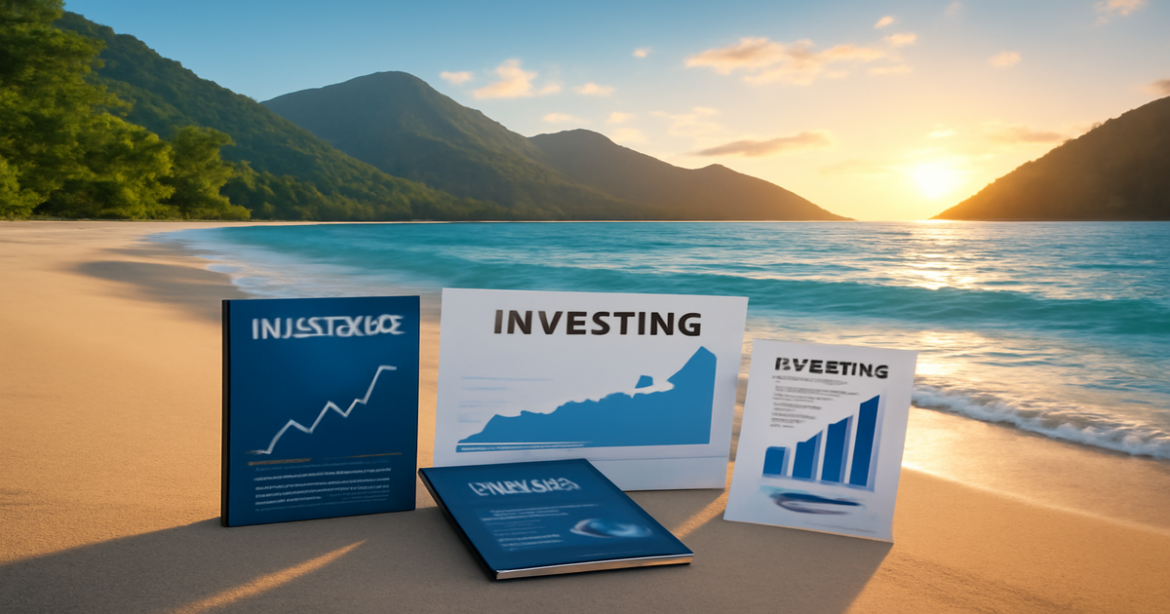 Explore investment products in a serene beach setting, highlighting financial planning and investment opportunities.
