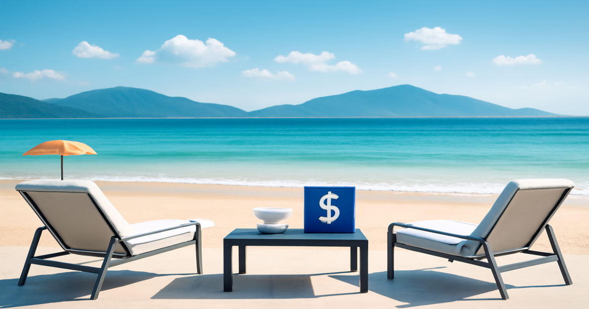 A relaxing beach scene illustrating the concept of сравнение банков for financial decision-making.