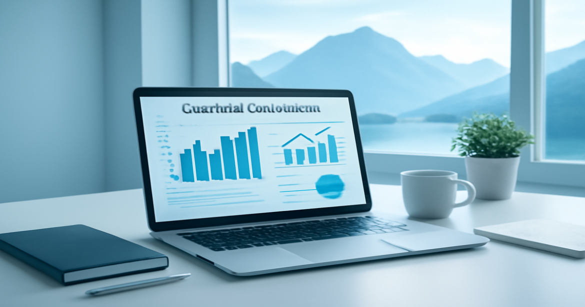 A professional image illustrating банковское сравнение in a serene office setting with mountains in the background.