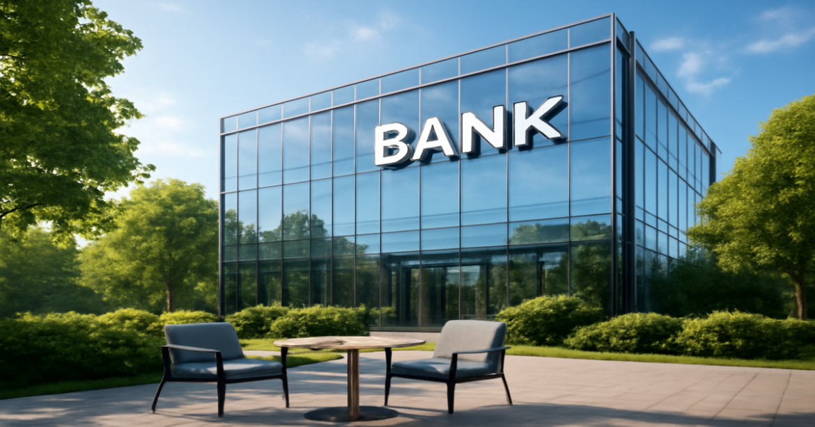 A modern bank building for сравнение банков, highlighting financial services in a relaxing setting.