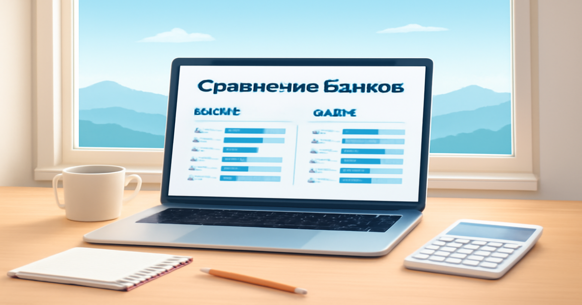 A professional workspace illustrating 'сравнение банков' with nature in the background, evoking a calm mood.