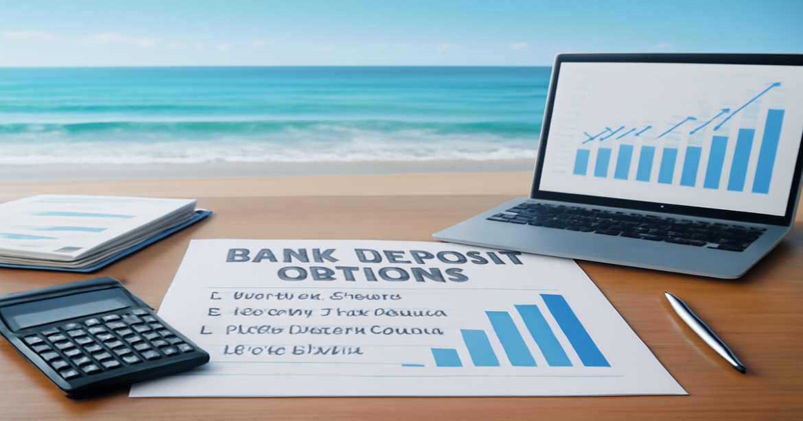 Explore various банковские депозиты in a relaxing beachside setting, symbolizing financial planning.