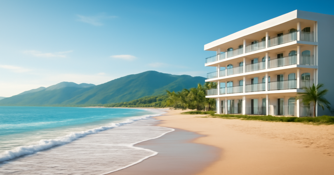 Compare banks with this serene image of a beach and mountains, ideal for financial planning.