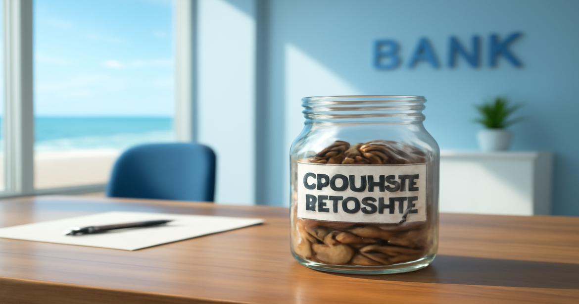 A professional image illustrating срочные депозиты with a modern bank office and a serene beach view.