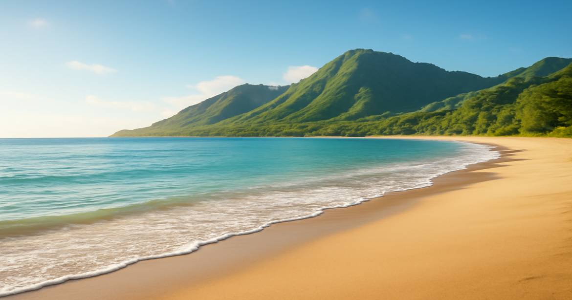 A serene beach and mountain landscape illustrating the concept of страхование for asset protection.