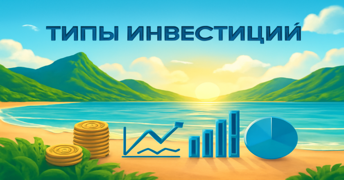 A tranquil beach scene with elements symbolizing типы инвестиций for financial planning.