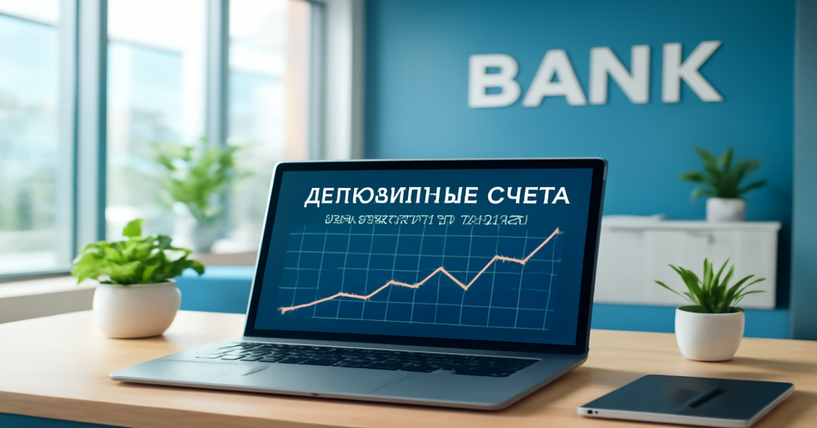 Explore депозитные счета с высоким процентом in a serene bank office setting.
