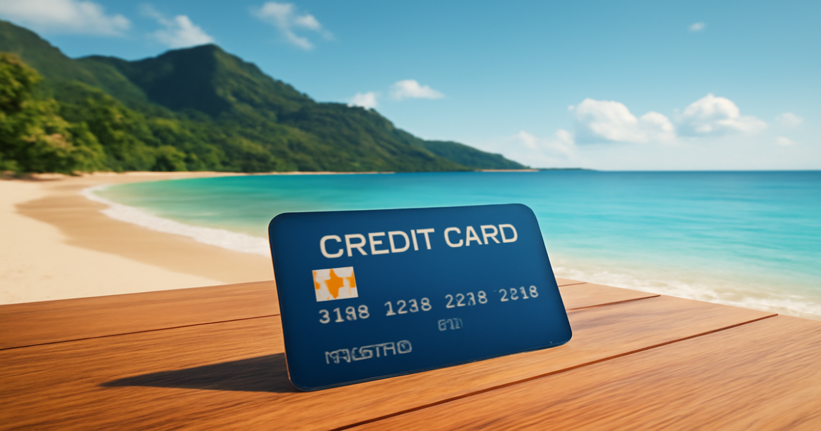Beautiful beach scene with a credit card, highlighting выгодные условия кредитные карты.