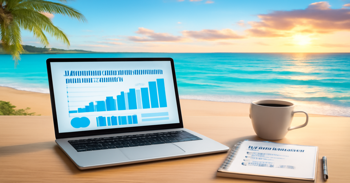 A professional workspace scene illustrating управление личными финансами with a beach view.