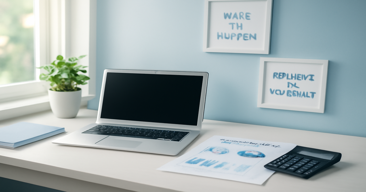 A professional workspace for управление личными финансами, featuring a laptop and financial documents.