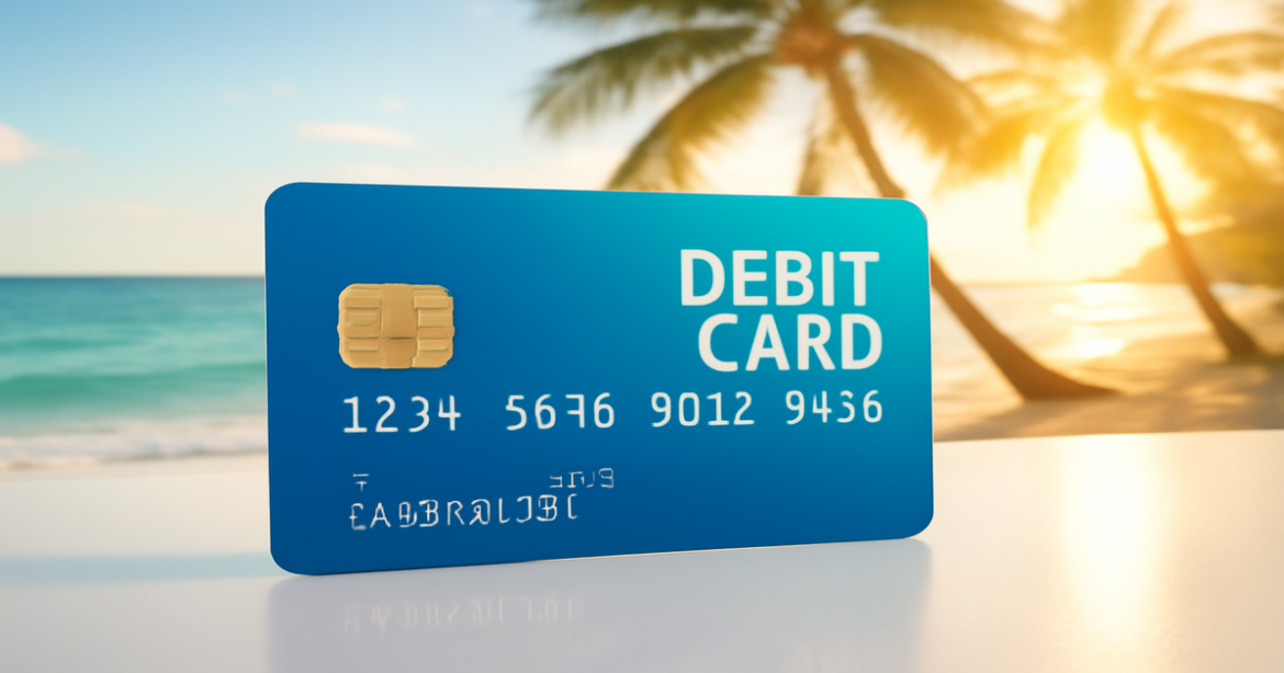 A debit card on a beach setting, symbolizing financial management and travel opportunities.